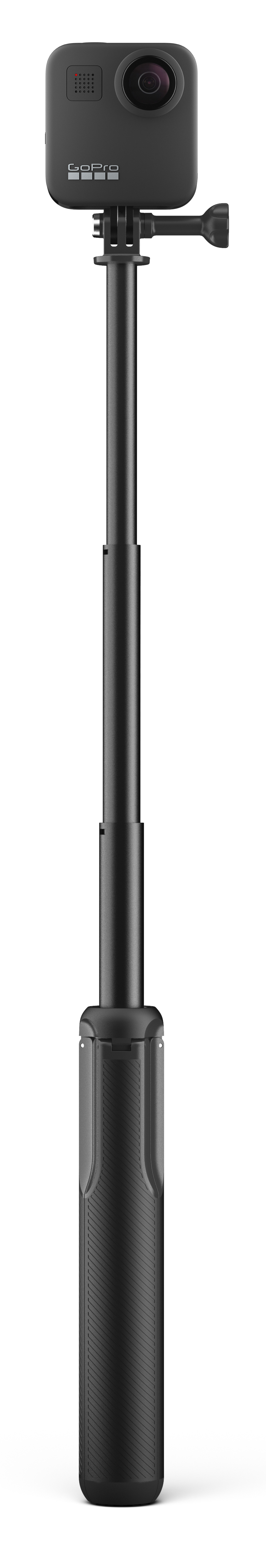 GoPro camera op een uitschuifbare zwarte paal tegen een witte achtergrond.