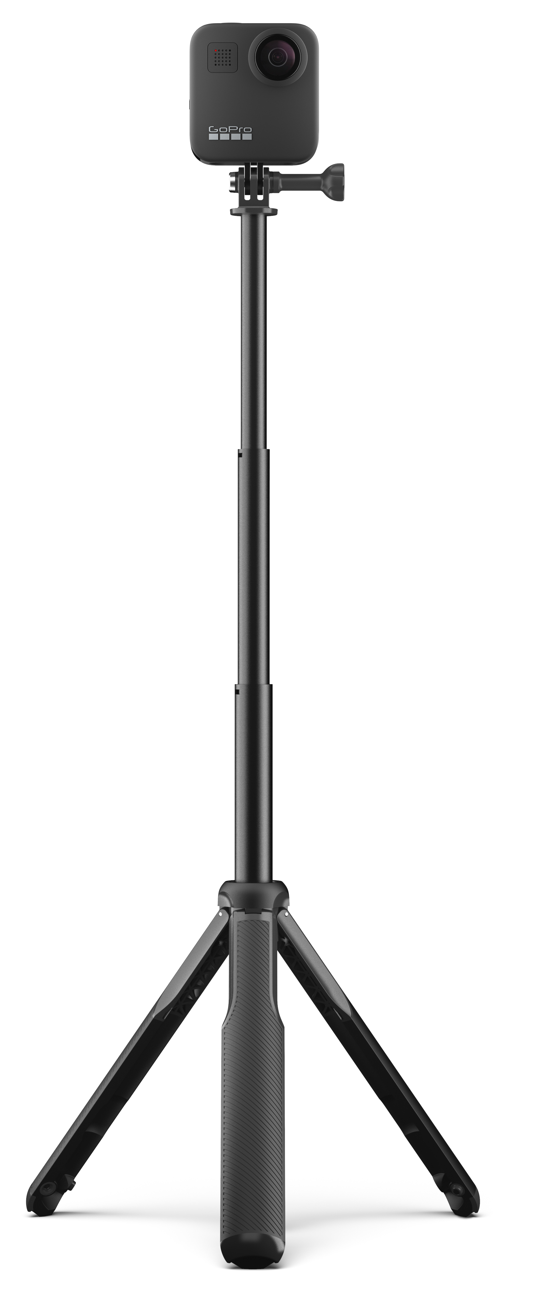 Zwarte GoPro-camera op zwart statief met handvat. Witte achtergrond.