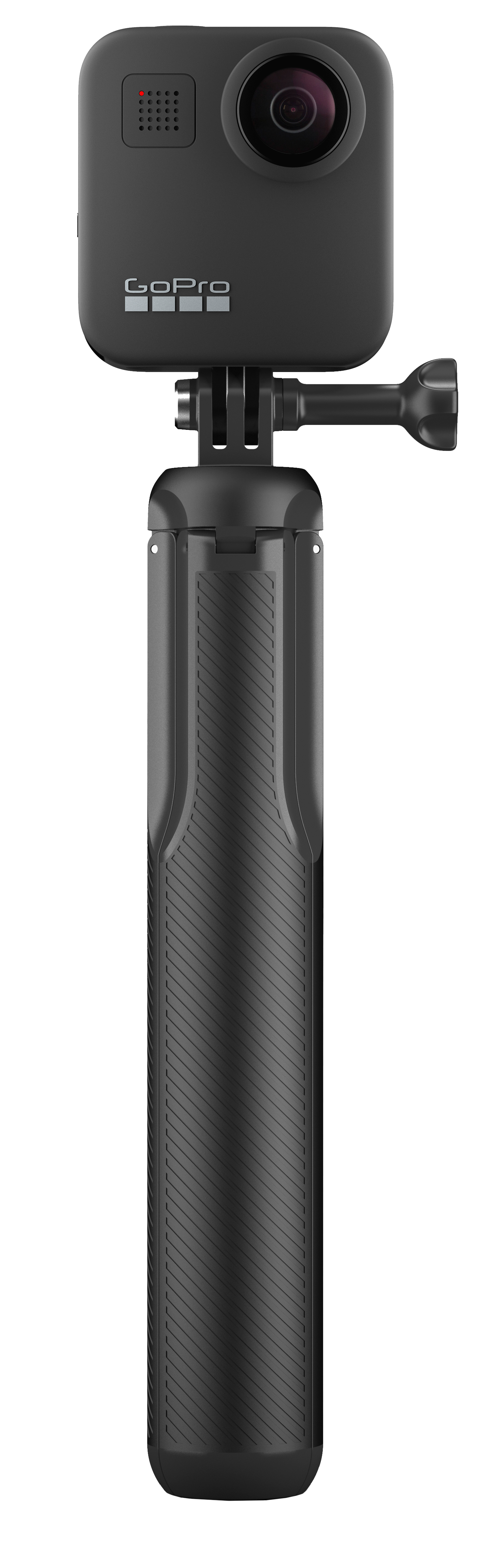 Zwarte GoPro camera bevestigd aan een zwarte gripstick. De camera heeft een rechthoekige vorm.