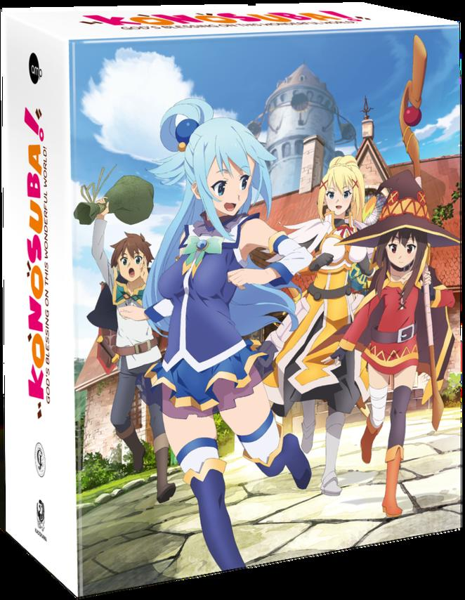 Anime-Box-Art. Charaktere aus Konosuba stehen vor einem Gebäude. Text: KONOSUBA!