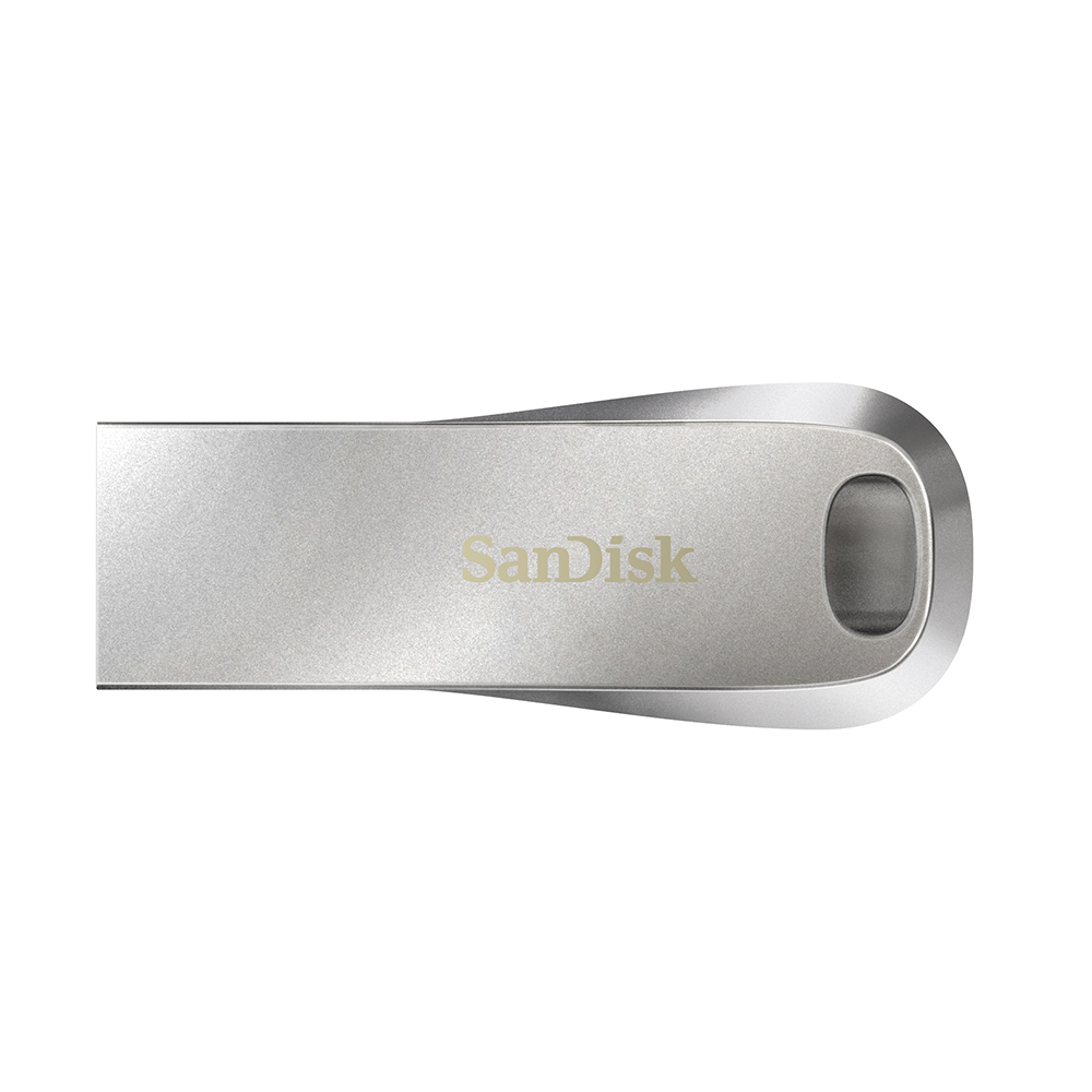 Silberner SanDisk USB-Stick, flach auf weißem Hintergrund, mit sichtbarem Markennamen.
