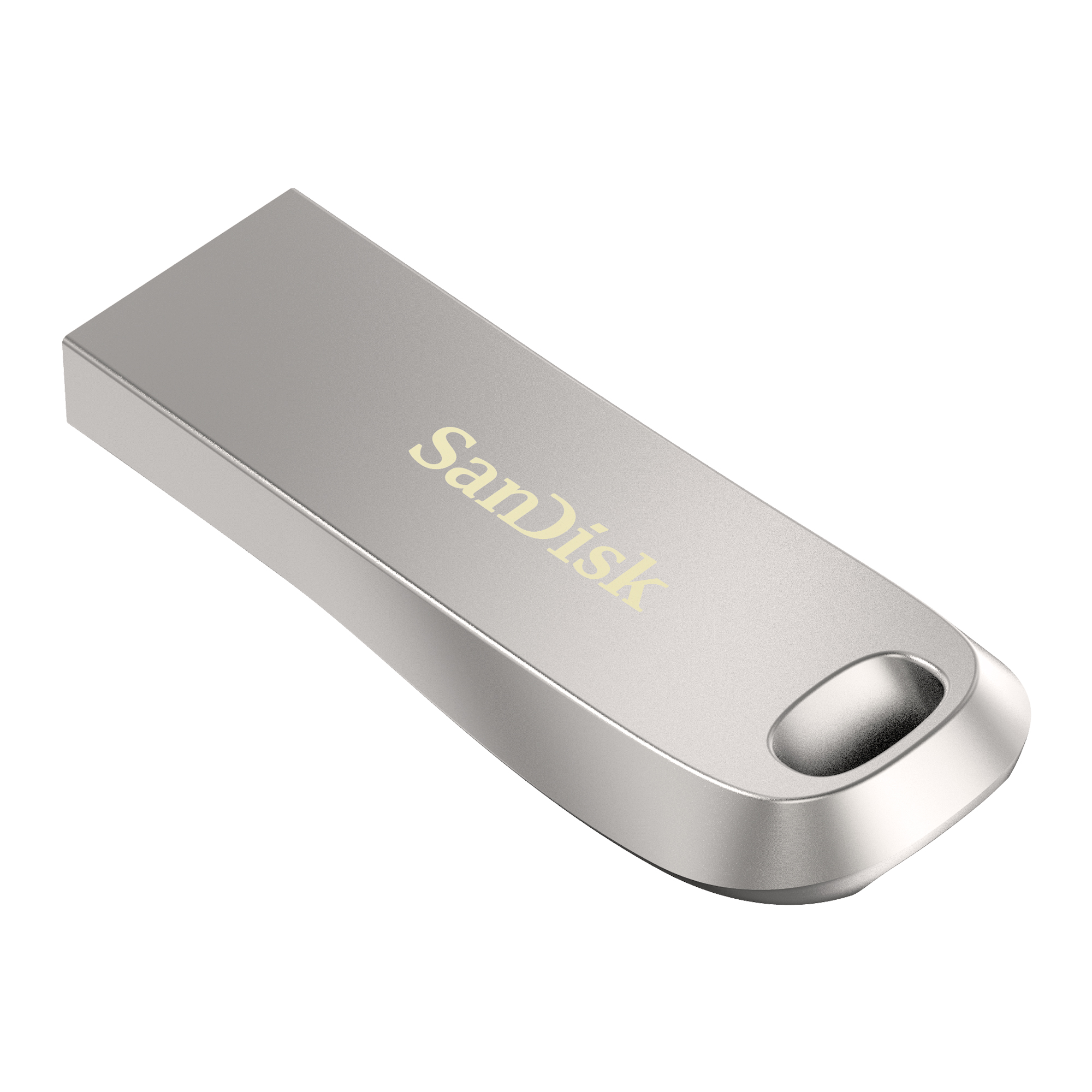Ein silberner SanDisk USB-Stick mit dem Markennamen.