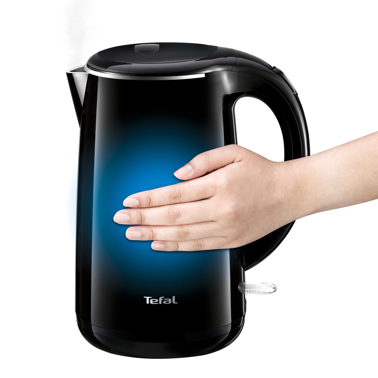 Black Tefal kettle with a hand touching the surface, steam rising.