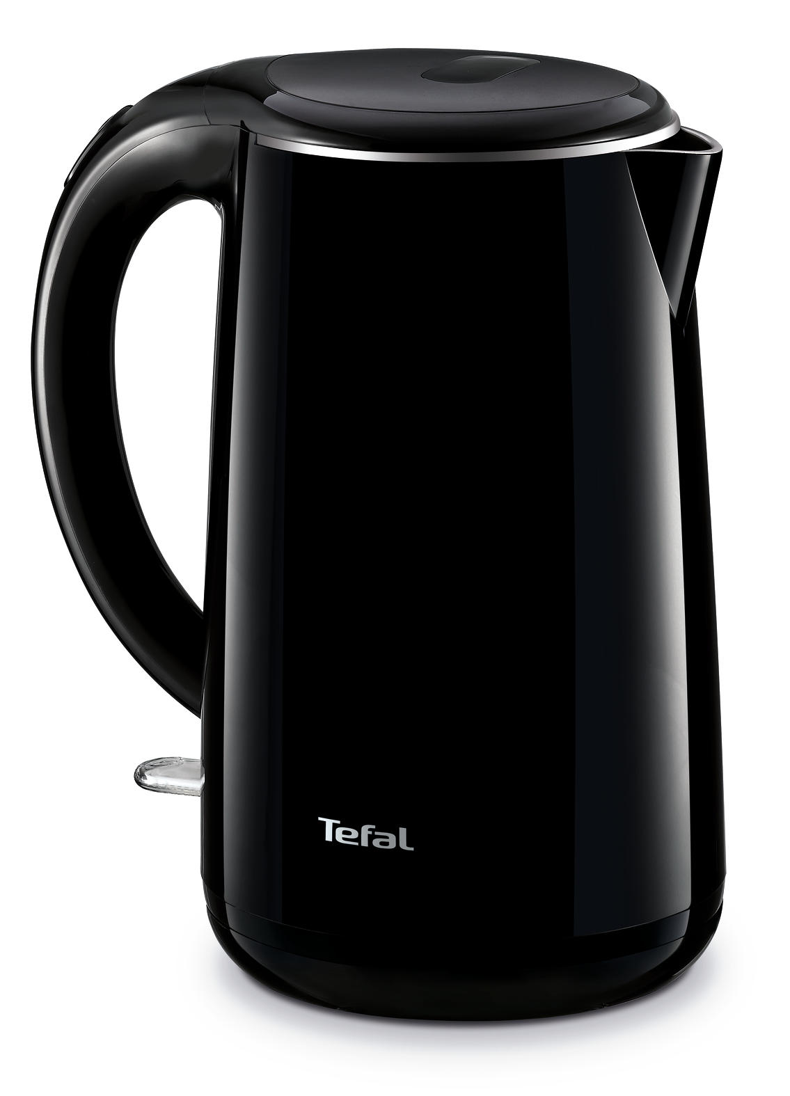 A black Tefal electric kettle with a curved handle and a silver trim.
