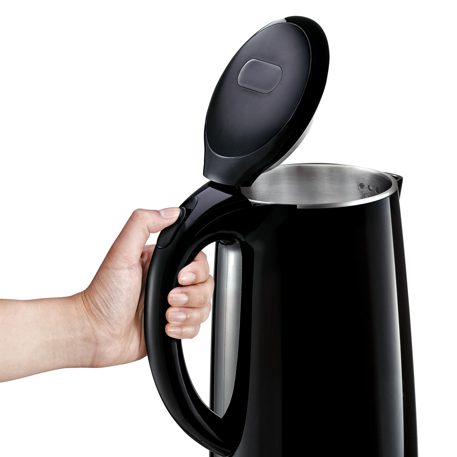 Black kettle with the lid open, hand pressing the handle button, white background.