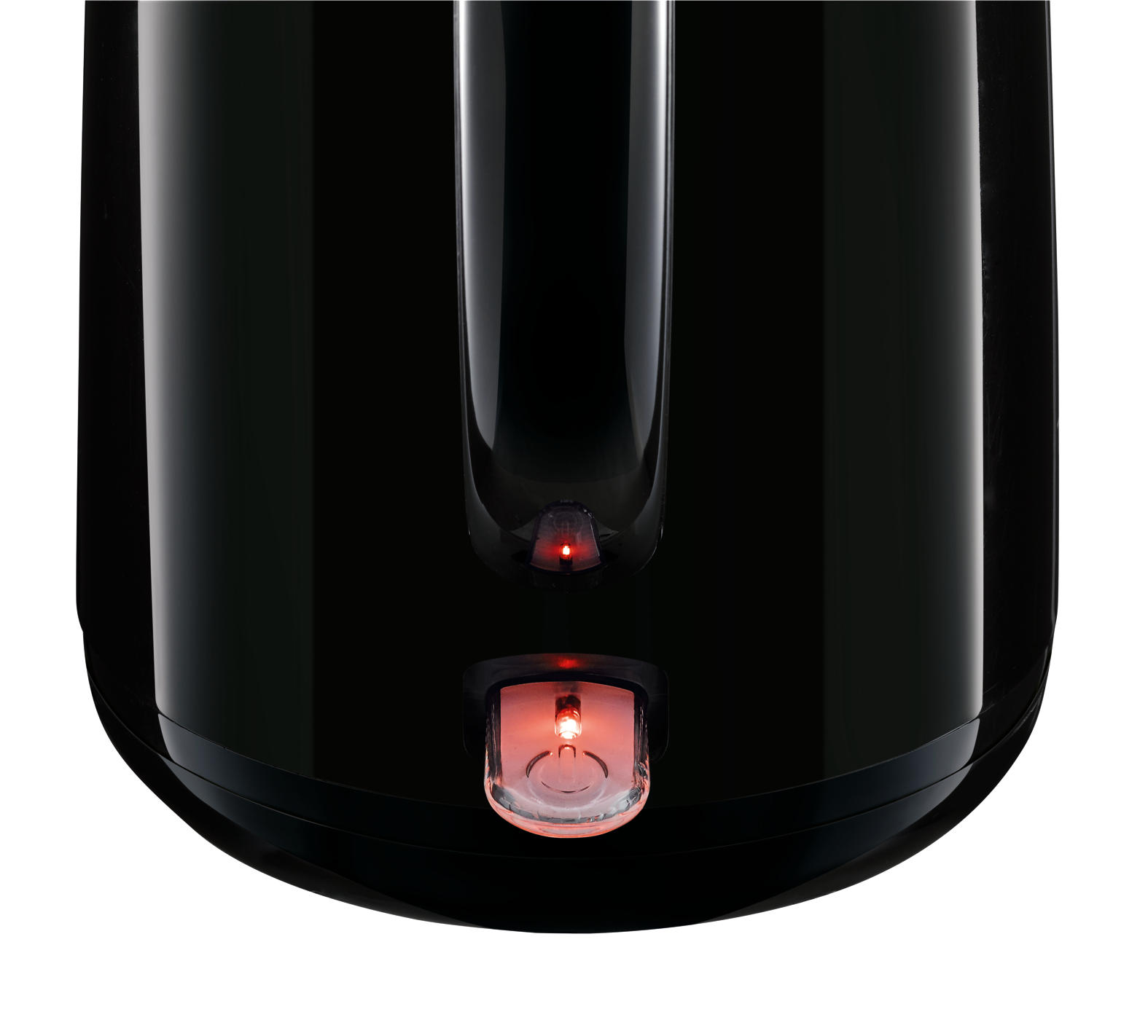Black electric kettle with red light. White background. Close-up shot.