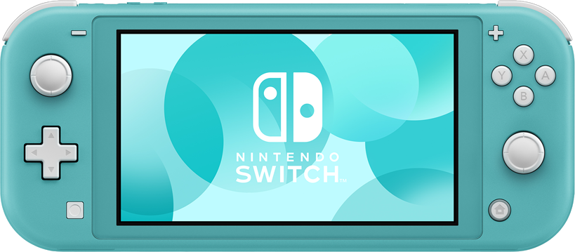 Egy türkiz Nintendo Switch Lite konzol gombokkal és egy képernyővel, amely a Nintendo logót jeleníti meg.
