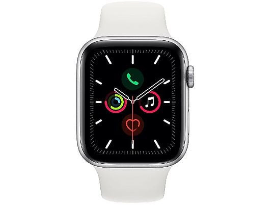 Apple Watch Series 5, Chip W3, 44 mm, GPS, Caja aluminio plata, Correa deportiva blanca
