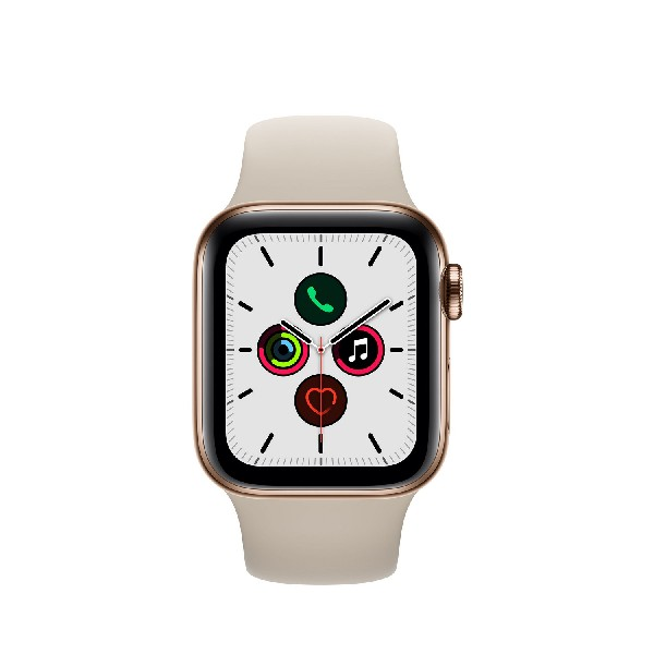 Apple Watch Series 5, Chip W3, 40 mm, GPS + Cellular, Caja acero inoxidable oro, Correa deportiva piedra