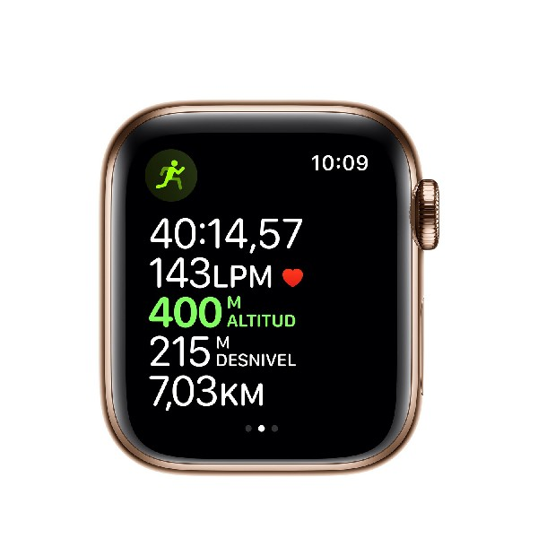 Apple Watch Series 5, Chip W3, 40 mm, GPS + Cellular, Caja acero inoxidable oro, Correa deportiva piedra