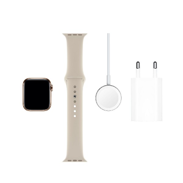 Apple Watch Series 5, Chip W3, 40 mm, GPS + Cellular, Caja acero inoxidable oro, Correa deportiva piedra