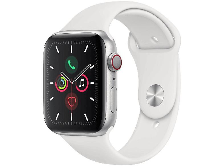 Apple Watch Series 5, Chip W3, 44 mm, GPS + Cellular, Caja aluminio plata, Correa deportiva blanca