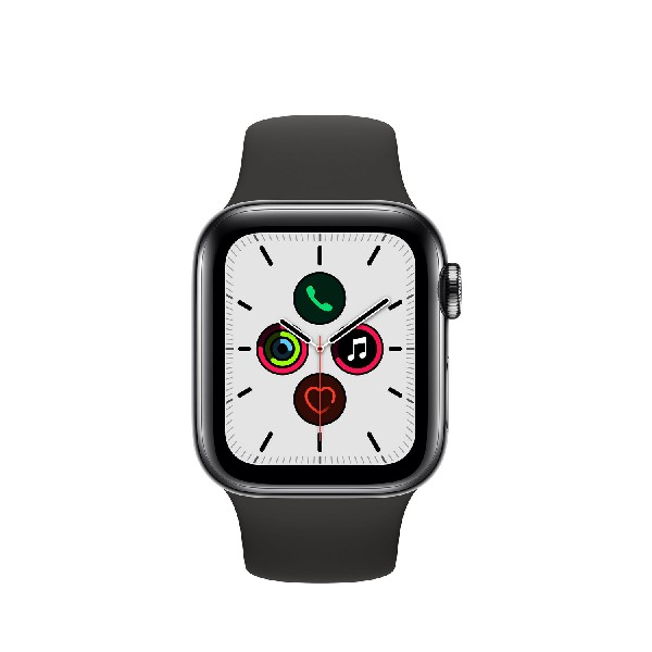 Un Apple Watch Series 5 plateado con correa negra, mostrando una esfera.
