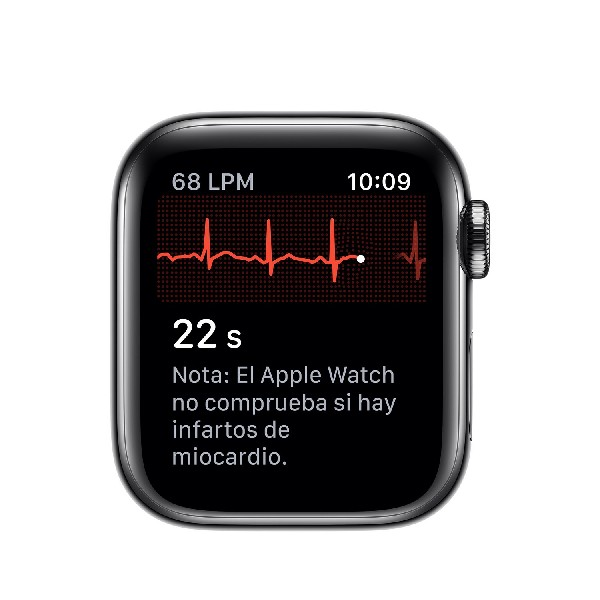 Smartwatch mostrando frecuencia cardíaca y una línea ECG. 68 LPM y 22 s.