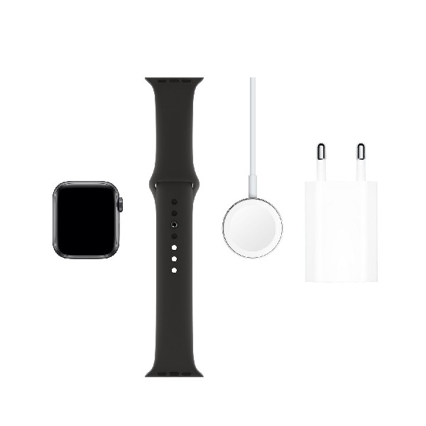 Accesorios Apple Watch: reloj, correa, cargador y adaptador de corriente.