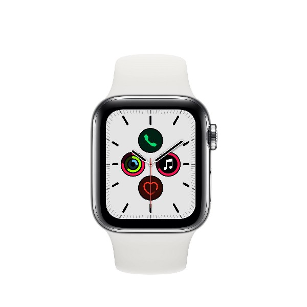 Apple Watch plateado con correa blanca, mostrando una esfera con iconos.