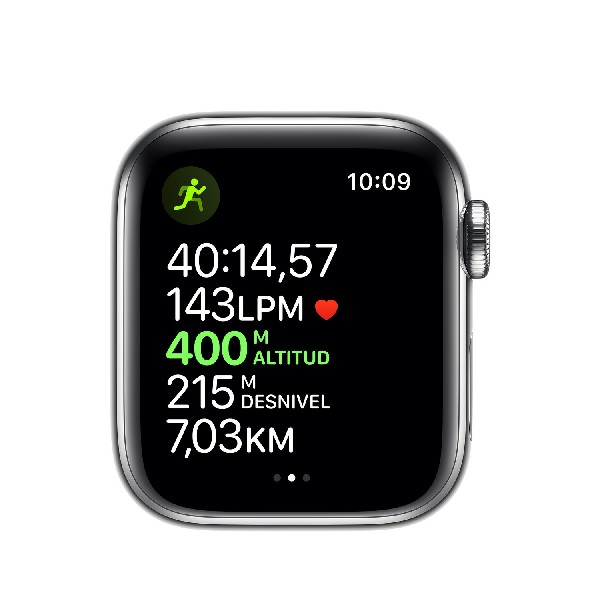 Pantalla de reloj inteligente mostrando una métrica de carrera. Fondo blanco.