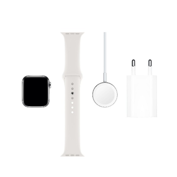 Apple Watch con correa blanca, cargador y adaptador de corriente.