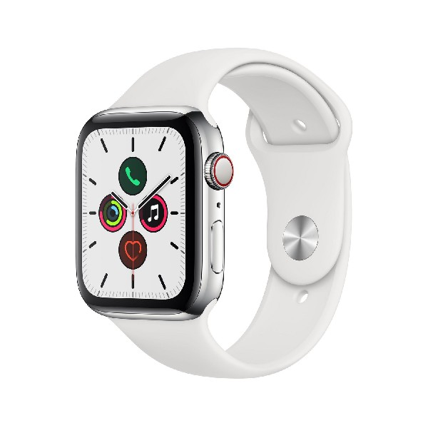 Apple Watch Series 5, Chip W3, 44 mm, GPS + Cellular, Caja acero inoxidable plata, Correa deportiva blanca
