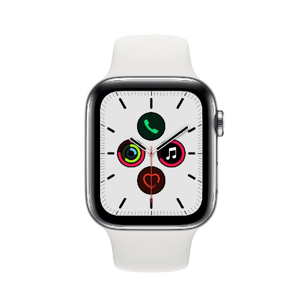 Apple Watch Series 5, Chip W3, 44 mm, GPS + Cellular, Caja acero inoxidable plata, Correa deportiva blanca