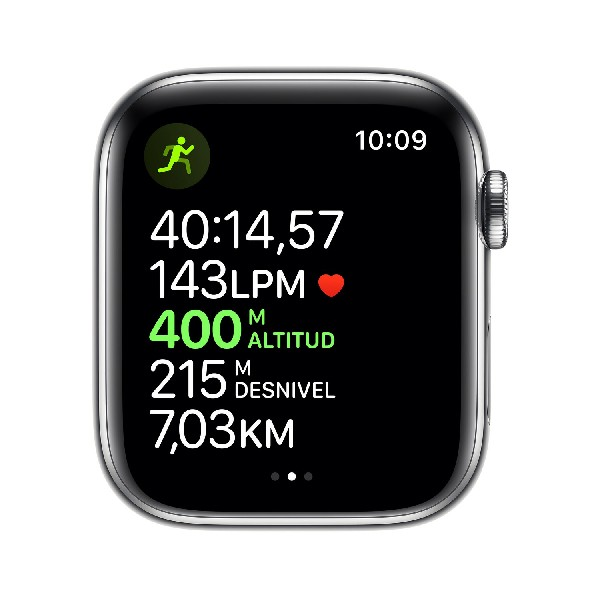 Apple Watch Series 5, Chip W3, 44 mm, GPS + Cellular, Caja acero inoxidable plata, Correa deportiva blanca