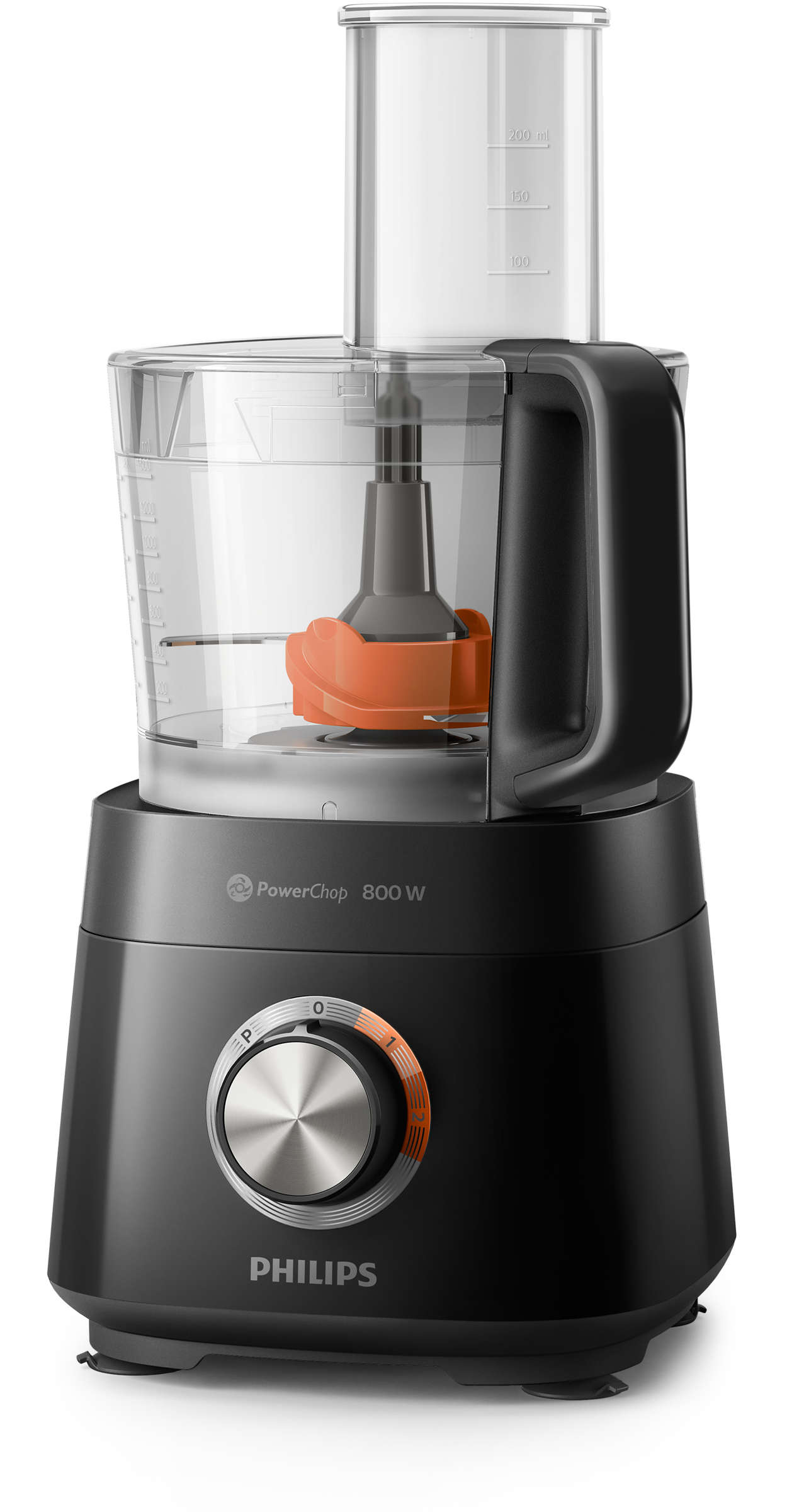 A black and gray food processor with a transparent container and orange parts.