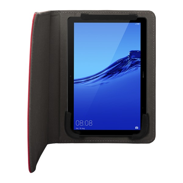 Tableta en una funda, con pantalla que muestra la hora y la fecha. Funda gris, borde rojo.