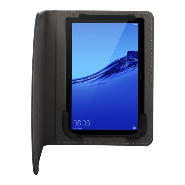 Una tableta en una funda tipo folio, mostrando la pantalla con un reloj a las 08:08.