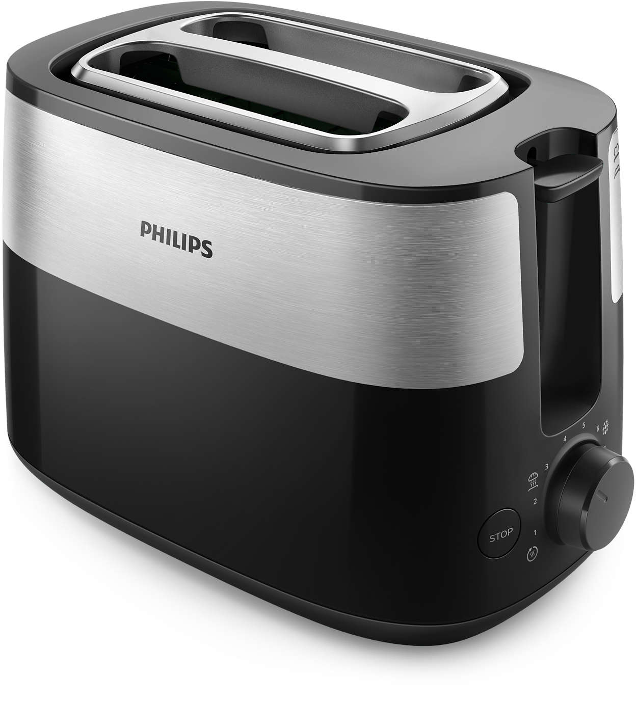Ein schwarzer und silberner Philips Toaster. Er hat ein Zifferblatt und eine Stopp-Taste.