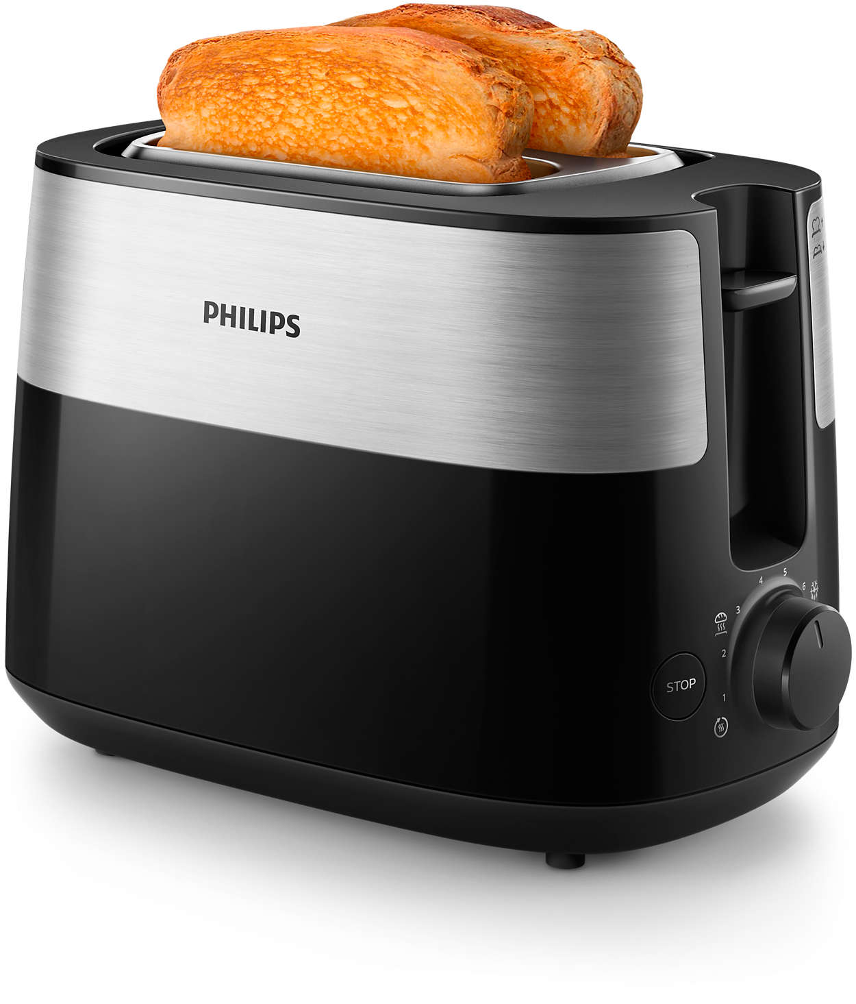 Schwarzer und silberner Toaster mit Toast, Seitenansicht.