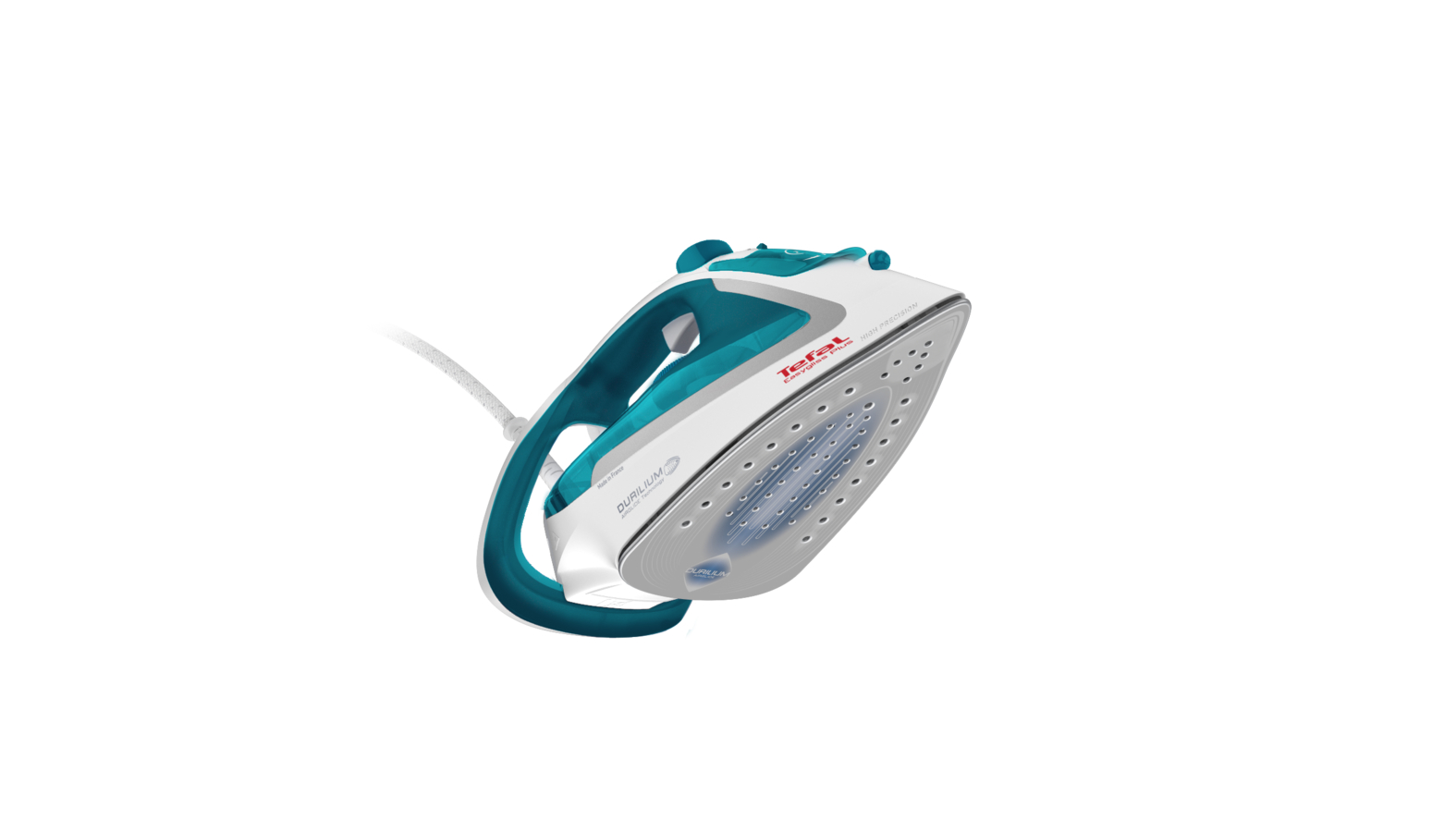 Tefal iron with a teal handle and white body, angled view on a white background.
