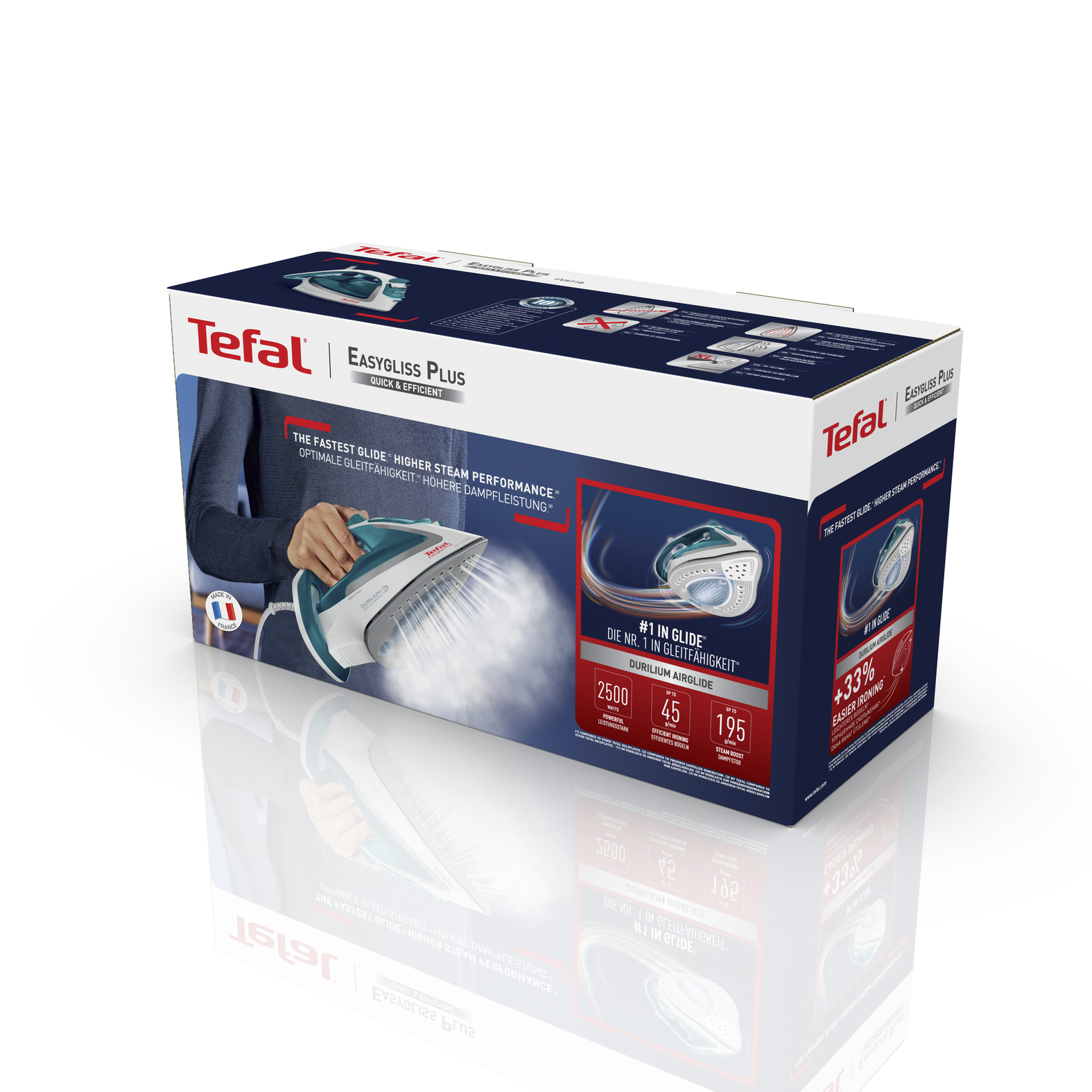 Tefal Easygliss Plus iron box. Iron shown with steam. Text: Fastest Glide, Higher Steam.