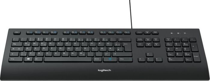 Eine schwarze Logitech-Tastatur mit vollem Layout, einschließlich Ziffernblock und Funktionstasten.