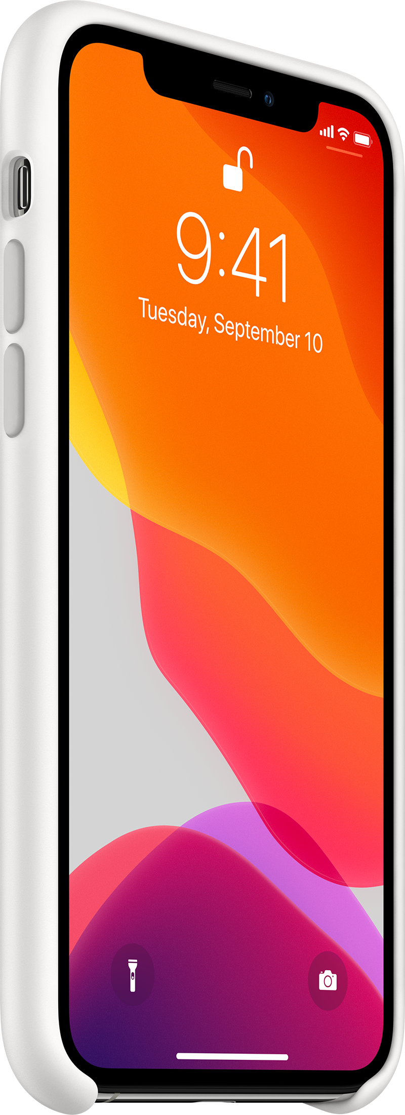 Witte iPhone 11 Pro in een witte case, met het beginscherm.