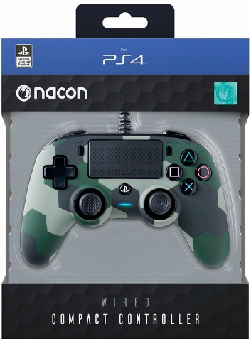 Nacon PS4 kabelgebundener kompakter Controller in Verpackung, Tarnmuster, schwarz und grün.