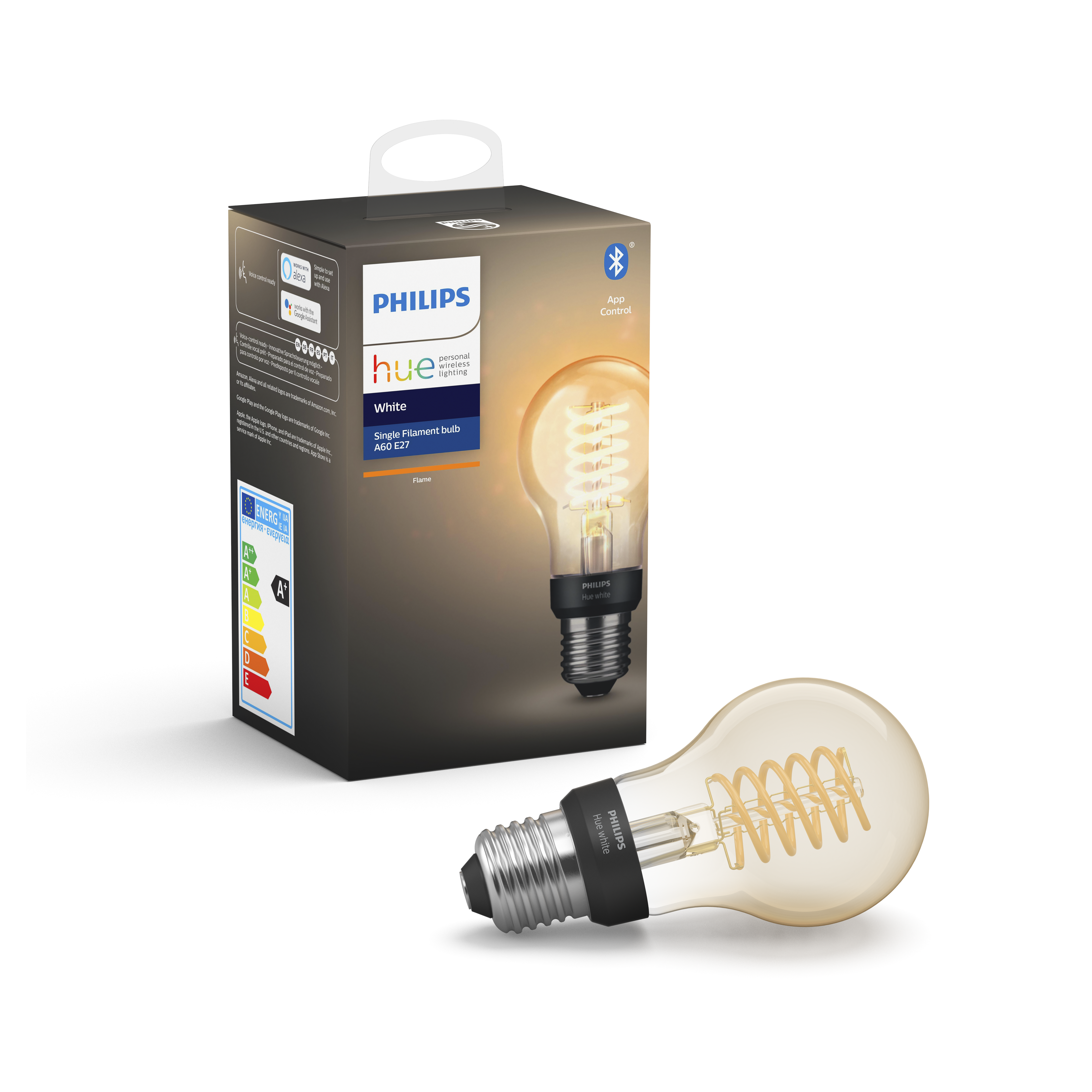 Eine Philips Hue weiße Glühfadenlampe und ihre Schachtel auf weißem Hintergrund. Die Schachtel ist schwarz mit weißem Text.