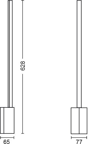 Diagramm eines Produkts, mit zwei vertikalen Linien und Abmessungen.