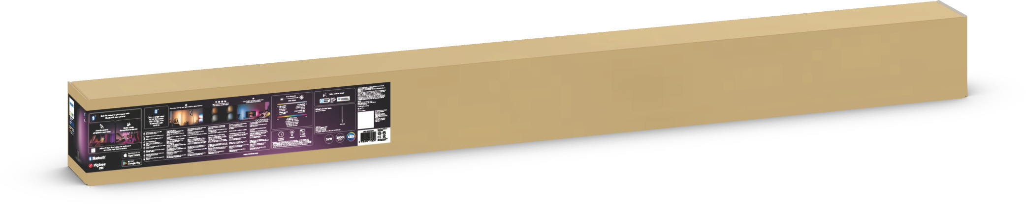 Langer, brauner Pappkarton mit Produktinformationen und Markenlogos auf der Seite.