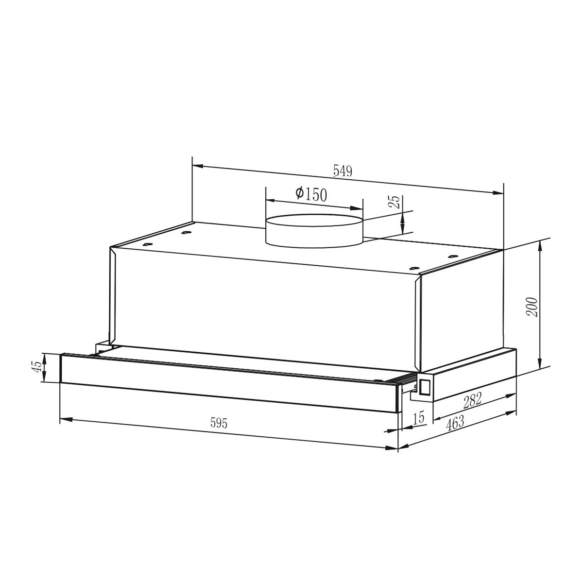 Dibujo técnico de una campana extractora con medidas en mm.