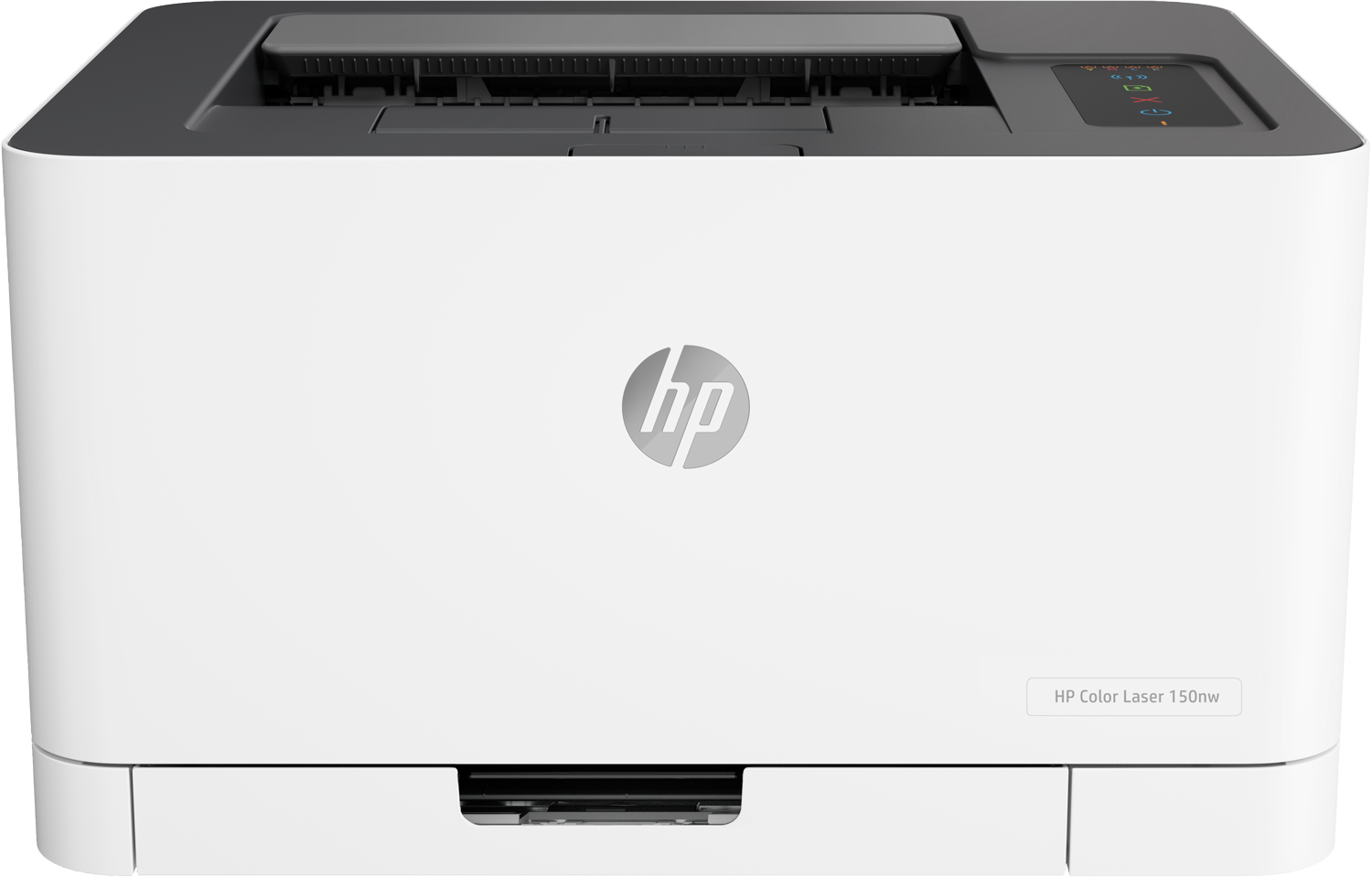 Witte HP-printer. Grijs bovenkant. HP-logo. Zwarte papieruitvoersleuf.