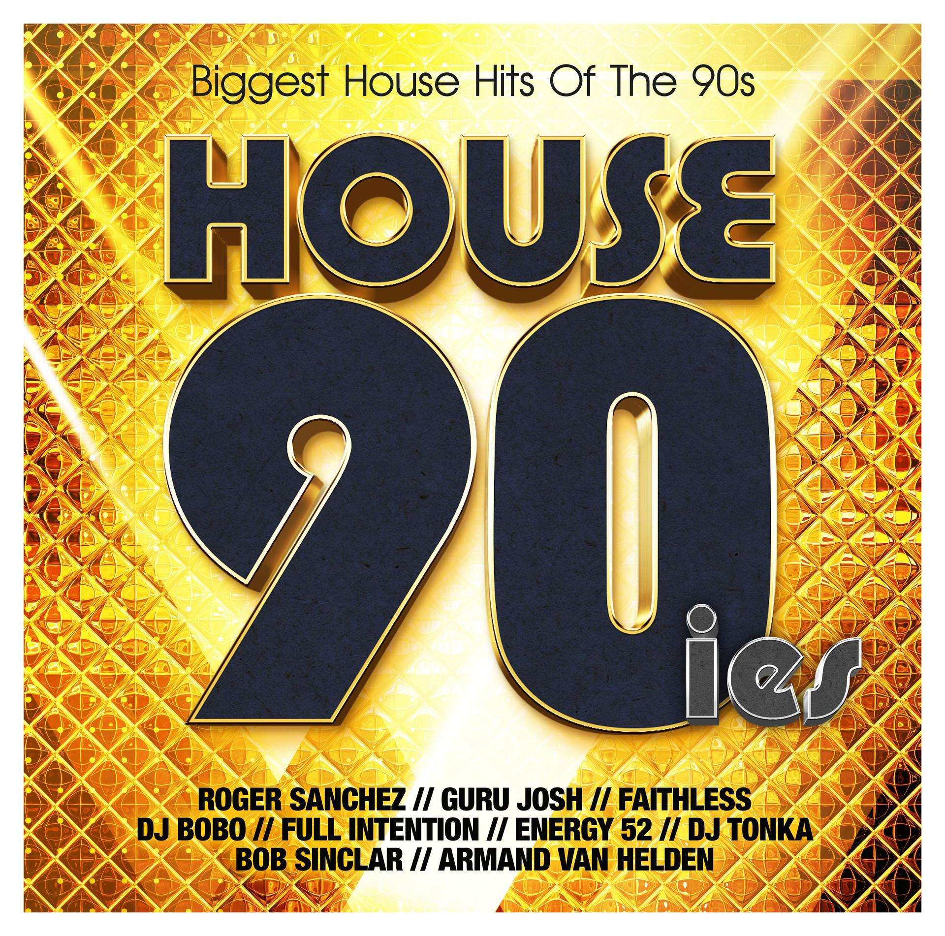 Albumcover: Text 'Biggest House Hits Of The 90s', mit 'HOUSE 90ies' in großen Buchstaben und Künstlernamen.