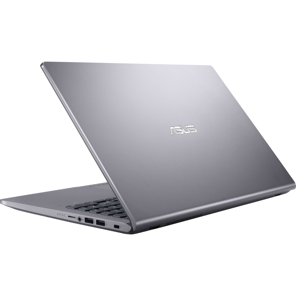 Silberner Laptop, offen, angewinkelte Ansicht, graue Oberfläche.