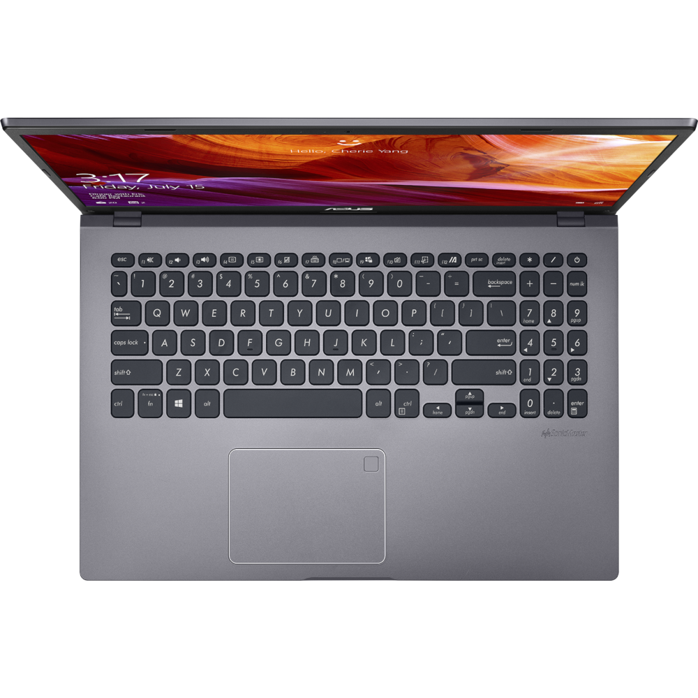 Laptop offen, Draufsicht, Bildschirm mit Zeit und Namen, Tastatur sichtbar.