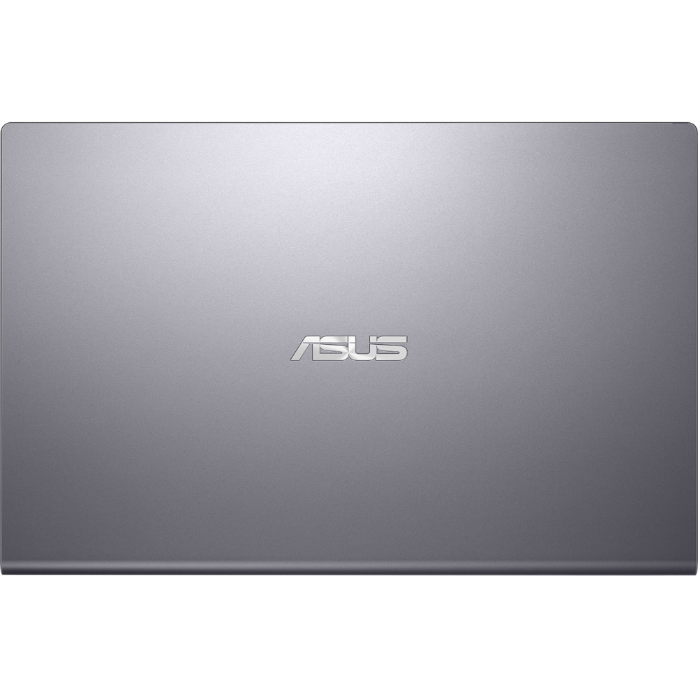 Die Rückseite eines grauen ASUS-Laptops mit dem ASUS-Logo zentriert.