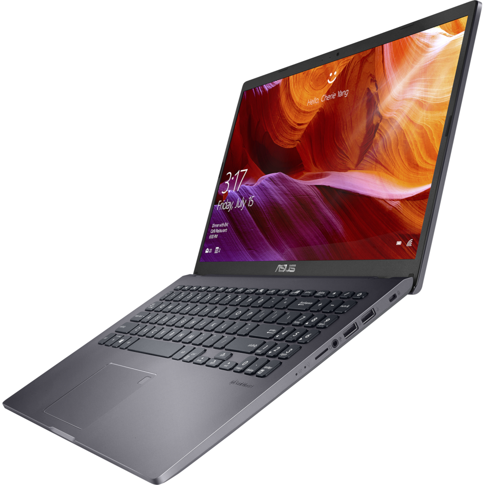 Ein Laptop mit dunkelgrauem Gehäuse, geöffnet auf schwarzer Oberfläche.