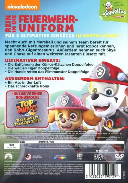 Rückseite einer Paw Patrol DVD-Hülle. Enthält Zeichentrickfiguren und Text auf Deutsch.