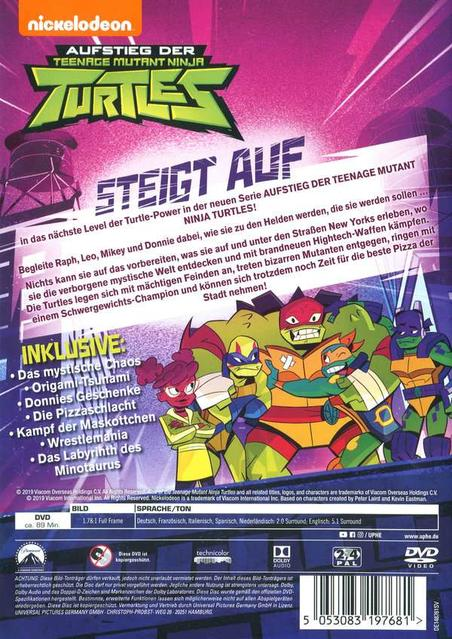 DVD-Hülle mit Teenage Mutant Ninja Turtles-Figuren und lila Hintergrund.