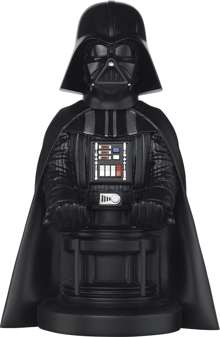 Eine schwarze Darth Vader-Figur. Er steht auf einem Podest mit Umhang. Die Figur hat einen Helm.