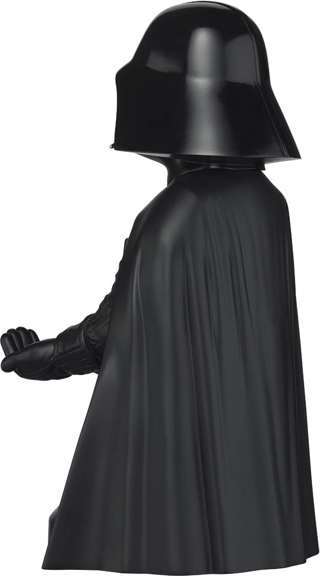 Eine schwarze Darth Vader Statue. Er trägt einen Helm und einen Umhang. Der Hintergrund ist weiß.