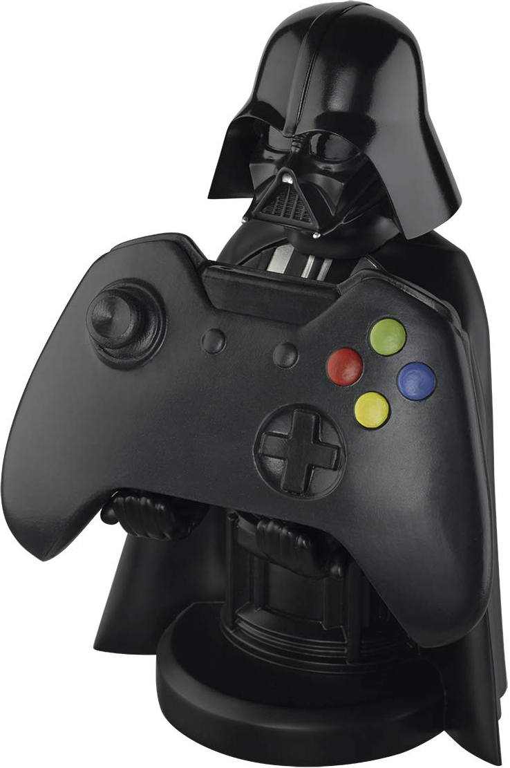 Eine schwarze Darth Vader Büste hält einen schwarzen Xbox-Controller. Knöpfe sind rot, grün, blau und gelb.